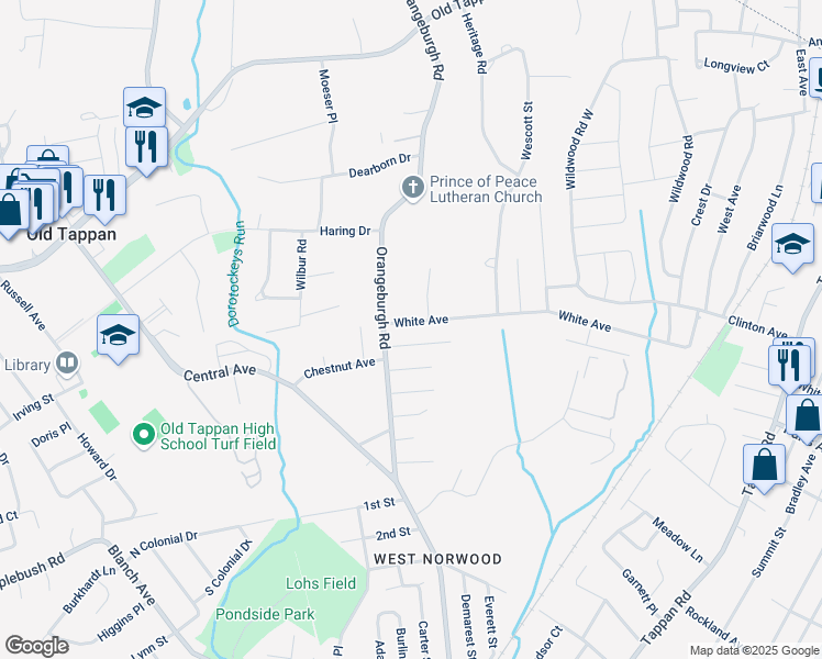 map of restaurants, bars, coffee shops, grocery stores, and more near 191 White Avenue in Old Tappan