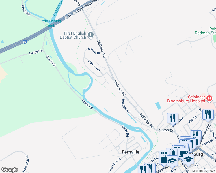 map of restaurants, bars, coffee shops, grocery stores, and more near 504 Clover Court in Bloomsburg