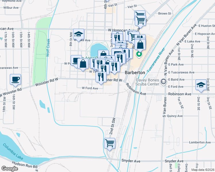 map of restaurants, bars, coffee shops, grocery stores, and more near 27 4th Street Northwest in Barberton
