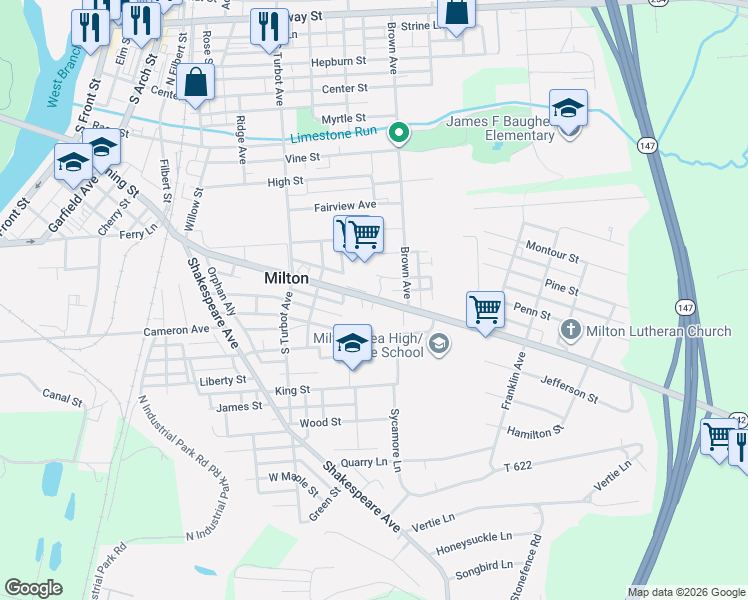 map of restaurants, bars, coffee shops, grocery stores, and more near 560 Mahoning Street in Milton