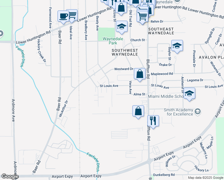 map of restaurants, bars, coffee shops, grocery stores, and more near 2833 Saint Louis Avenue in Fort Wayne