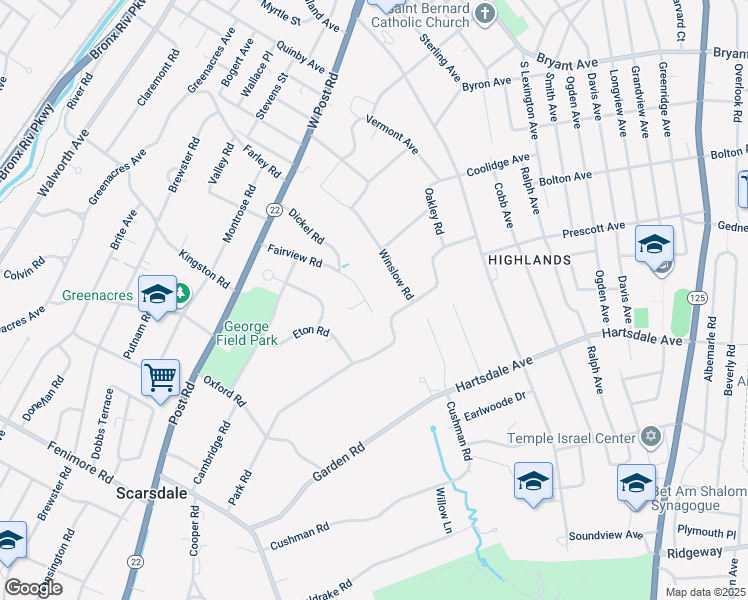 map of restaurants, bars, coffee shops, grocery stores, and more near 29 Fairview Road in Scarsdale