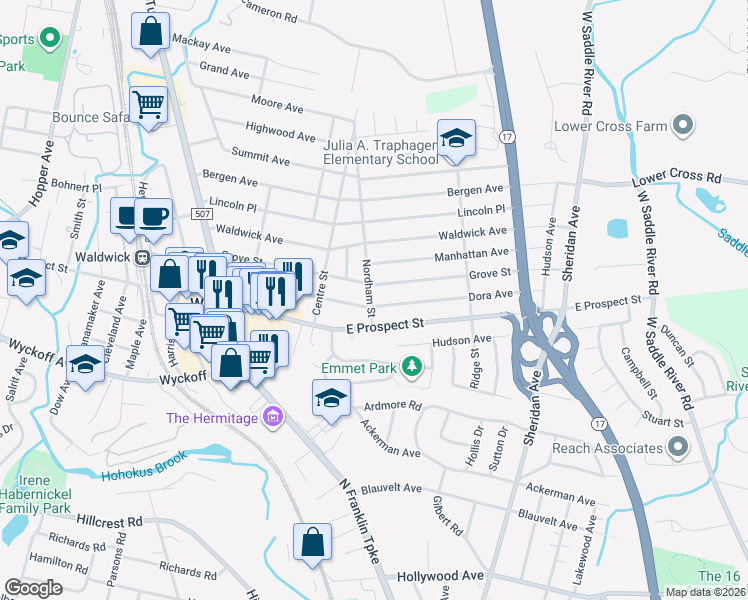 map of restaurants, bars, coffee shops, grocery stores, and more near 72 Grove Street in Waldwick