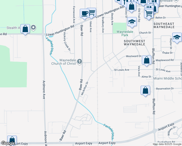 map of restaurants, bars, coffee shops, grocery stores, and more near 3302 McArthur Drive in Fort Wayne