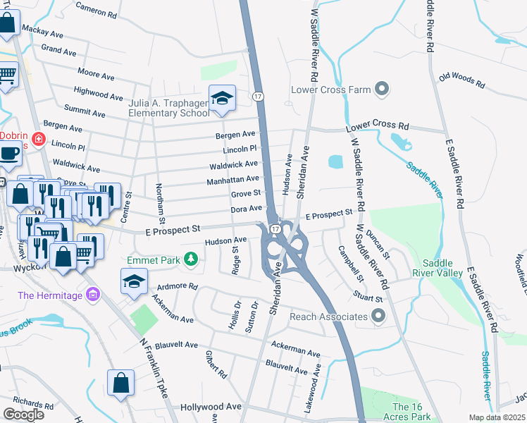 map of restaurants, bars, coffee shops, grocery stores, and more near 136 Dora Avenue in Waldwick