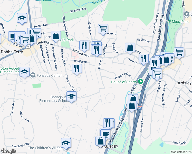 map of restaurants, bars, coffee shops, grocery stores, and more near 74 Ogden Avenue in Dobbs Ferry