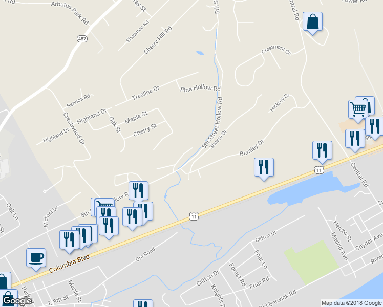 map of restaurants, bars, coffee shops, grocery stores, and more near 1314 Sassafras Street in Bloomsburg
