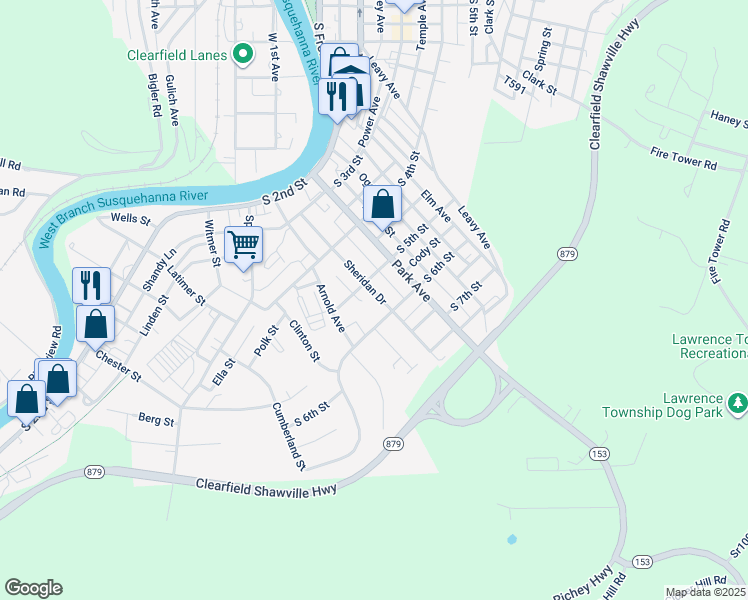 map of restaurants, bars, coffee shops, grocery stores, and more near 509 Sheridan Drive in Clearfield