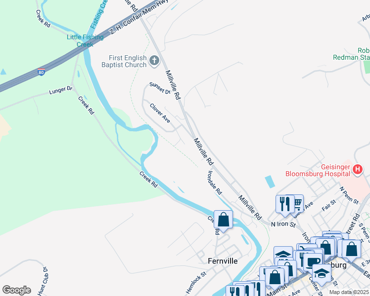 map of restaurants, bars, coffee shops, grocery stores, and more near 504 Clover Court in Bloomsburg