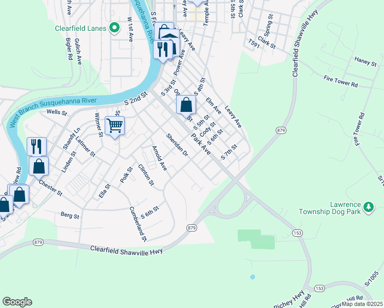map of restaurants, bars, coffee shops, grocery stores, and more near 512 Sheridan Drive in Clearfield