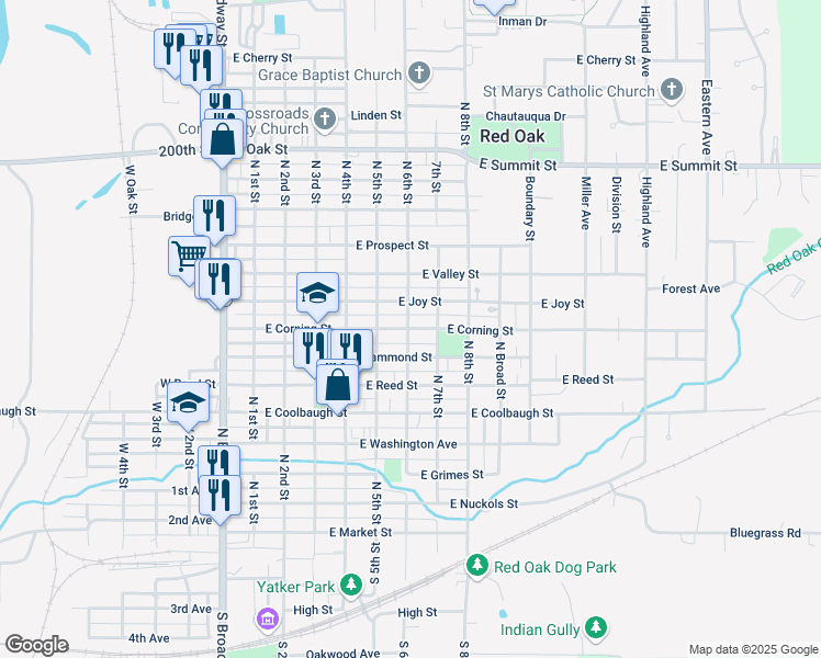 map of restaurants, bars, coffee shops, grocery stores, and more near 611 East Corning Street in Red Oak