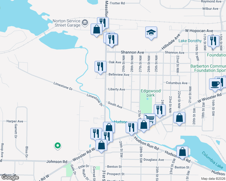 map of restaurants, bars, coffee shops, grocery stores, and more near 122 30th Street Northwest in Barberton