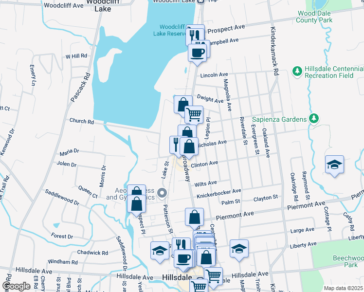 map of restaurants, bars, coffee shops, grocery stores, and more near 351 Broadway in Hillsdale