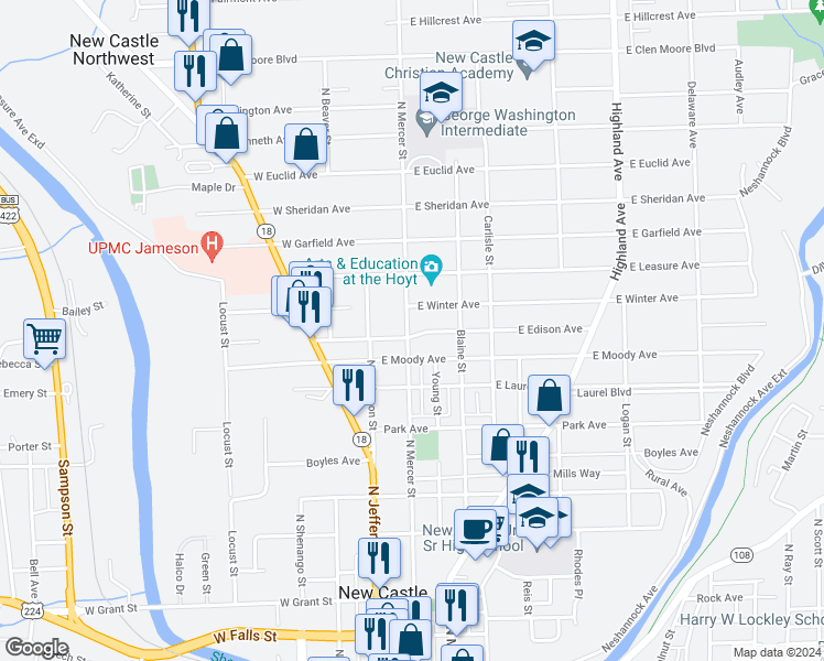 map of restaurants, bars, coffee shops, grocery stores, and more near 1002 North Mercer Street in New Castle