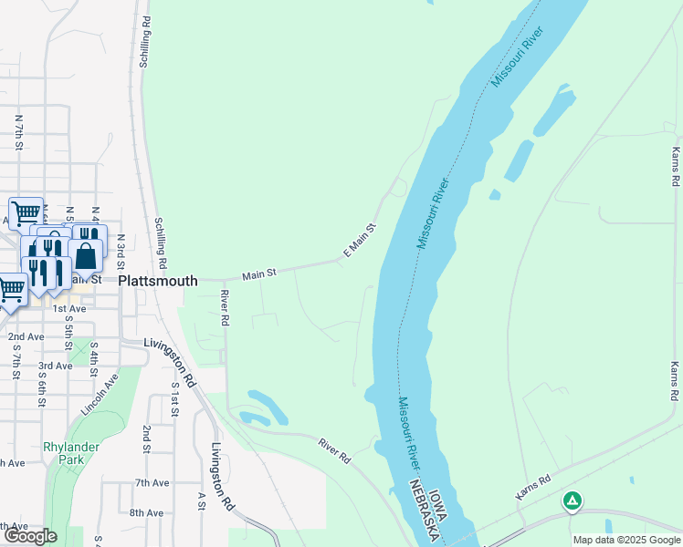 map of restaurants, bars, coffee shops, grocery stores, and more near 353 Castaway Lane in Plattsmouth