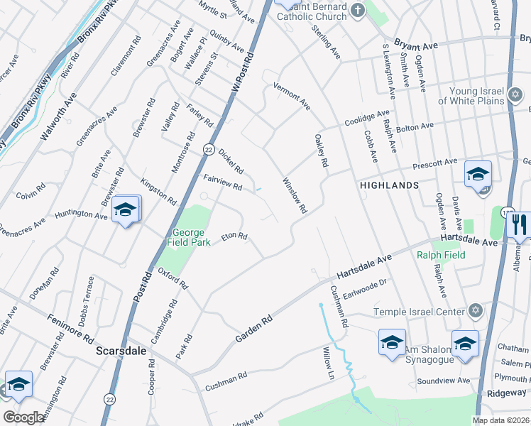 map of restaurants, bars, coffee shops, grocery stores, and more near 26 Fairview Road in Scarsdale