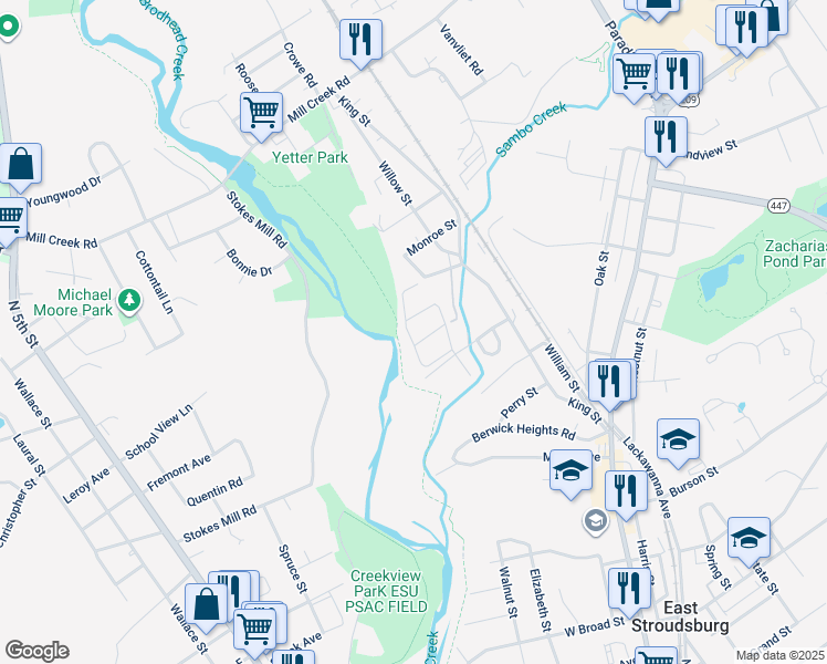 map of restaurants, bars, coffee shops, grocery stores, and more near 328 River Street in East Stroudsburg