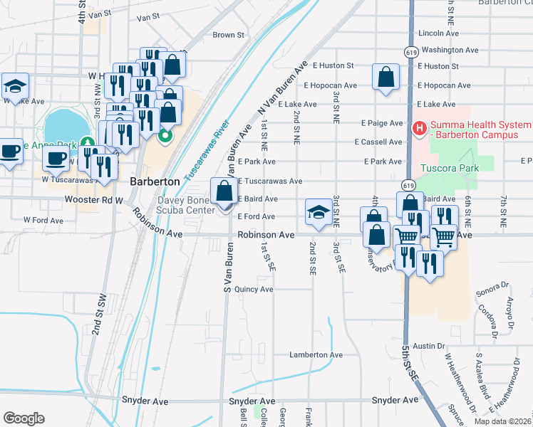 map of restaurants, bars, coffee shops, grocery stores, and more near 203 East Ford Avenue in Barberton