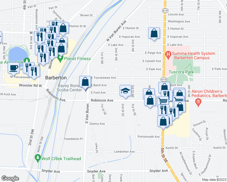 map of restaurants, bars, coffee shops, grocery stores, and more near 245 East Ford Avenue in Barberton