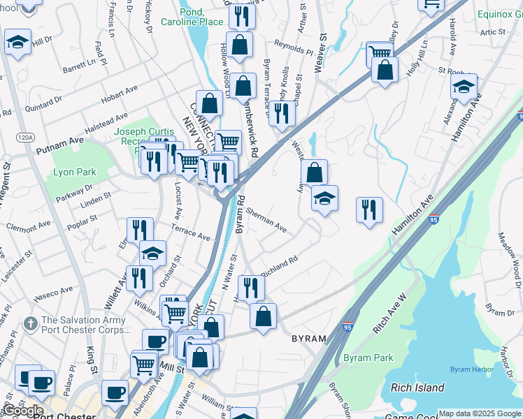 map of restaurants, bars, coffee shops, grocery stores, and more near 12 Sherman Avenue in Greenwich