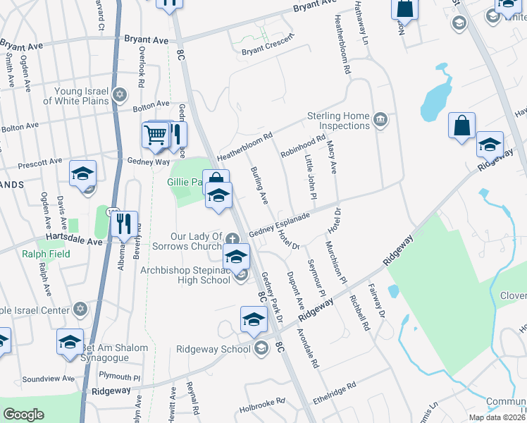 map of restaurants, bars, coffee shops, grocery stores, and more near 25 Burling Avenue in White Plains