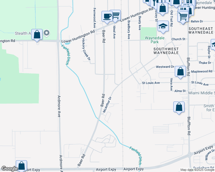 map of restaurants, bars, coffee shops, grocery stores, and more near 3321 Thurber Avenue in Fort Wayne