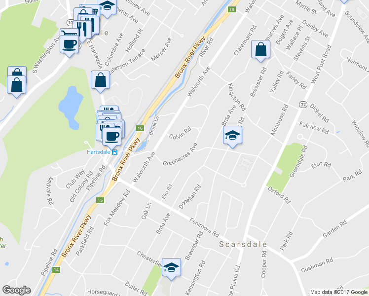 map of restaurants, bars, coffee shops, grocery stores, and more near 37 Greenacres Avenue in Scarsdale