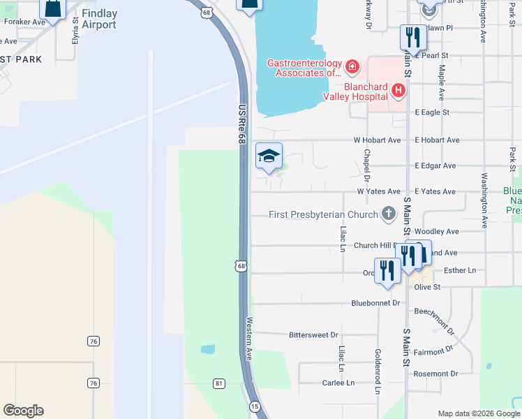 map of restaurants, bars, coffee shops, grocery stores, and more near 610 Coventry Drive in Findlay