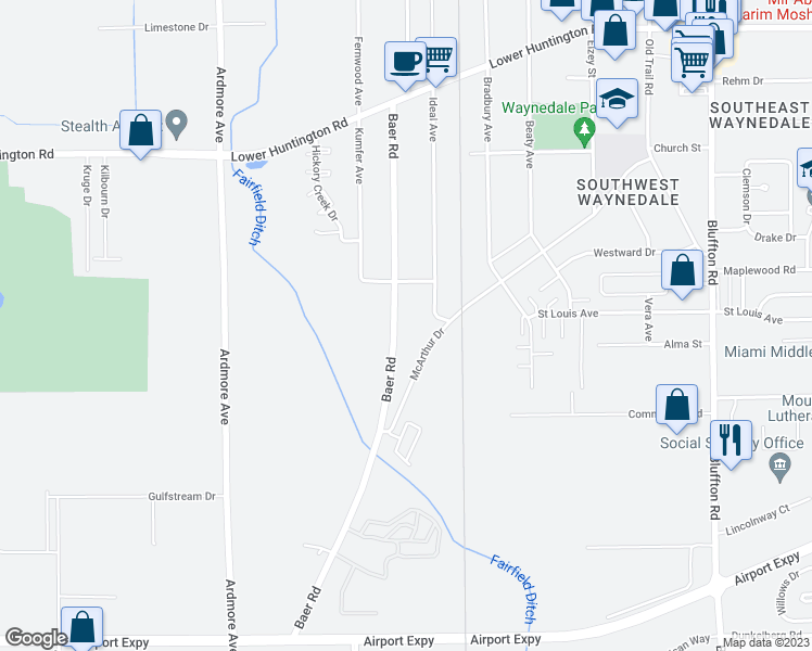 map of restaurants, bars, coffee shops, grocery stores, and more near 3321 Thurber Avenue in Fort Wayne