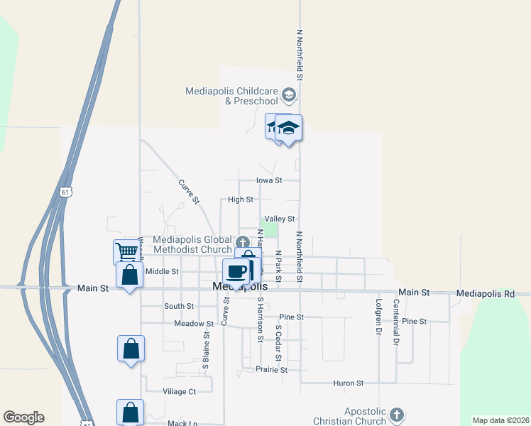 map of restaurants, bars, coffee shops, grocery stores, and more near 707 Valley St in Mediapolis