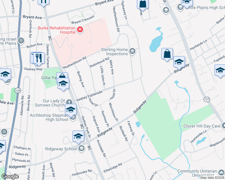 map of restaurants, bars, coffee shops, grocery stores, and more near 33 Gedney Esplanade in White Plains