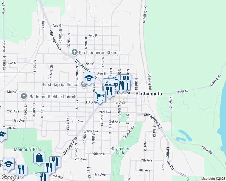 map of restaurants, bars, coffee shops, grocery stores, and more near 546 Main Street in Plattsmouth
