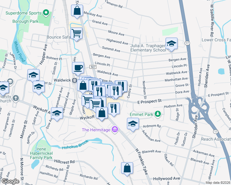 map of restaurants, bars, coffee shops, grocery stores, and more near 26 Dora Avenue in Waldwick
