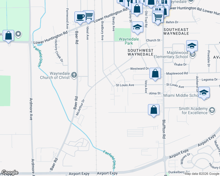 map of restaurants, bars, coffee shops, grocery stores, and more near 7606 Bradbury Avenue in Fort Wayne