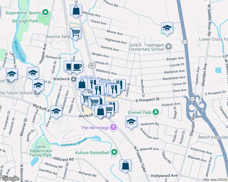 map of restaurants, bars, coffee shops, grocery stores, and more near 26 Dora Avenue in Waldwick