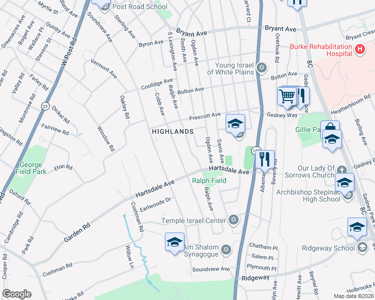 map of restaurants, bars, coffee shops, grocery stores, and more near 108 Ralph Avenue in White Plains
