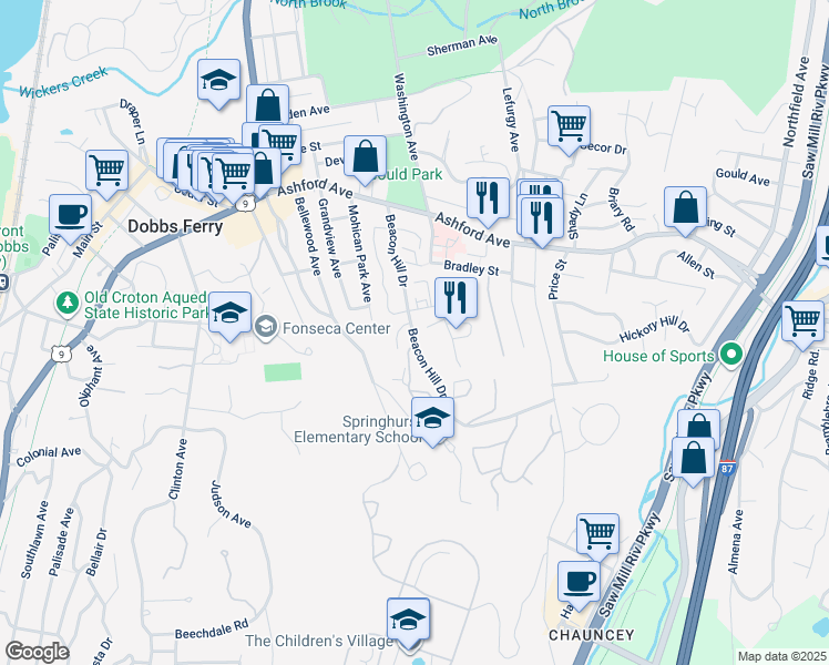 map of restaurants, bars, coffee shops, grocery stores, and more near 139 Beacon Hill Drive in Dobbs Ferry
