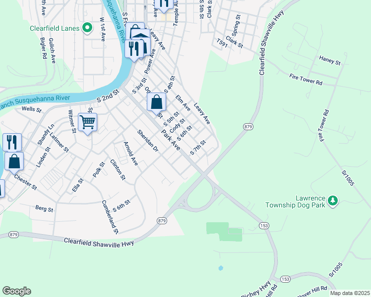 map of restaurants, bars, coffee shops, grocery stores, and more near 614 Park Avenue in Clearfield