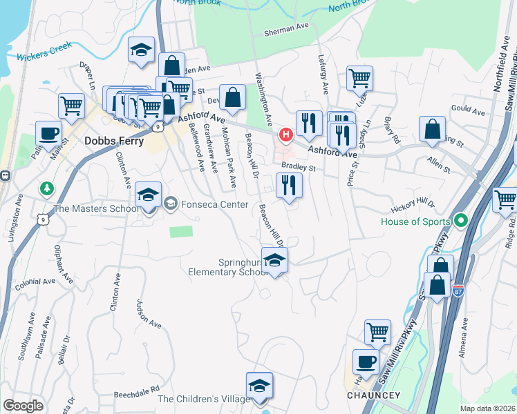 map of restaurants, bars, coffee shops, grocery stores, and more near 1 Castle Hill Close in Dobbs Ferry