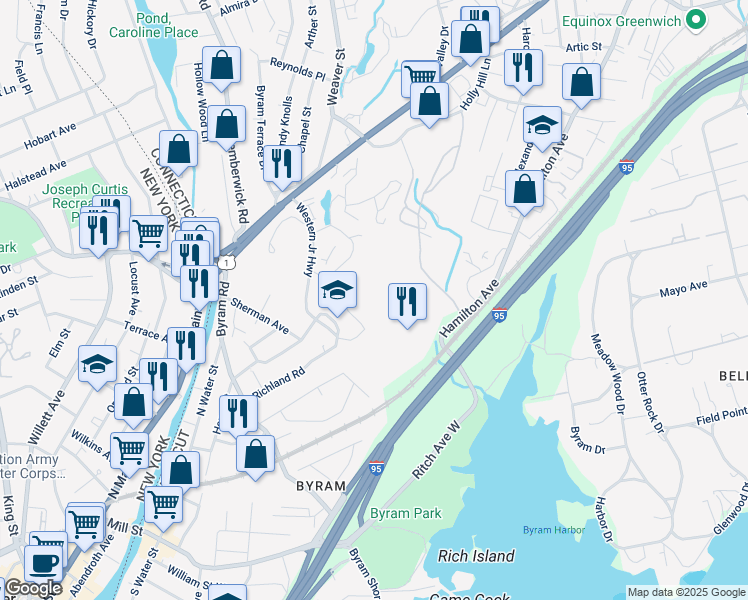 map of restaurants, bars, coffee shops, grocery stores, and more near 1 Western Junior Highway in Greenwich