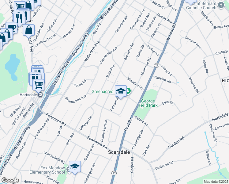 map of restaurants, bars, coffee shops, grocery stores, and more near 39 Huntington Avenue in Scarsdale