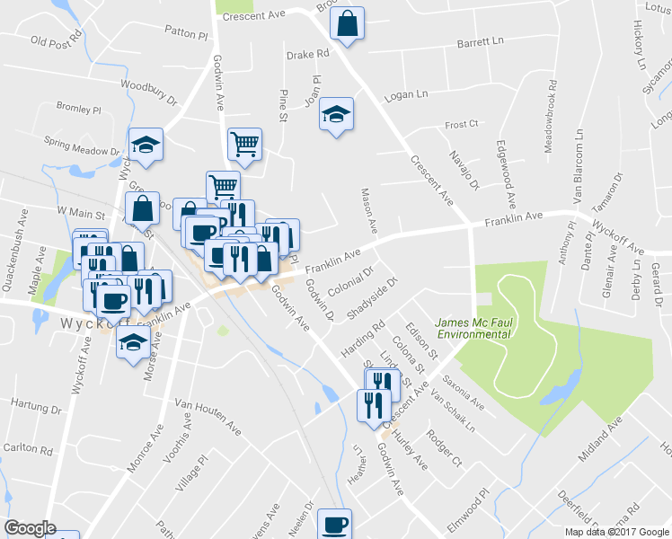 map of restaurants, bars, coffee shops, grocery stores, and more near 262 Franklin Avenue in Wyckoff