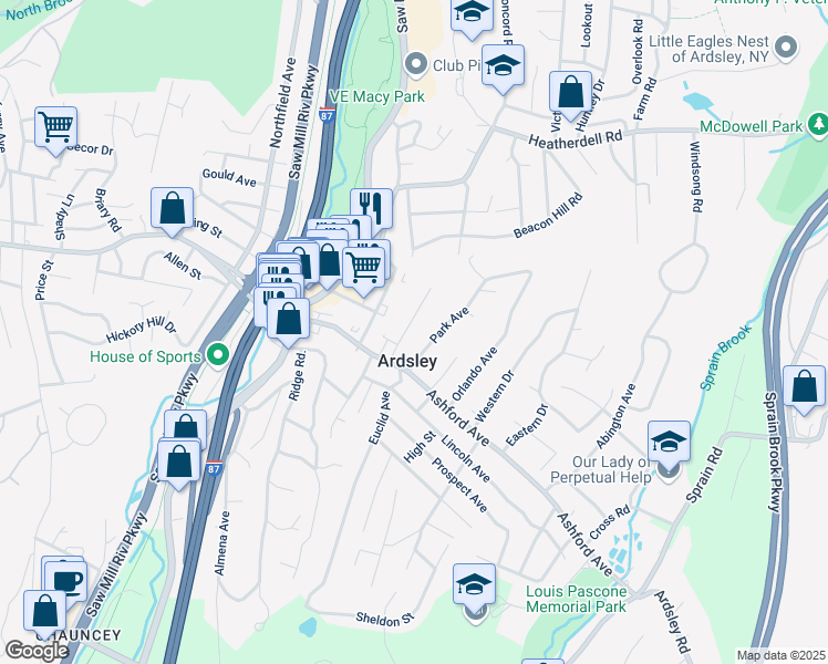 map of restaurants, bars, coffee shops, grocery stores, and more near 15 King Street in Ardsley