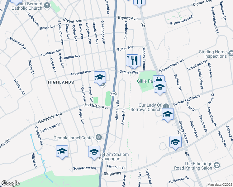 map of restaurants, bars, coffee shops, grocery stores, and more near 47 Albemarle Road in White Plains