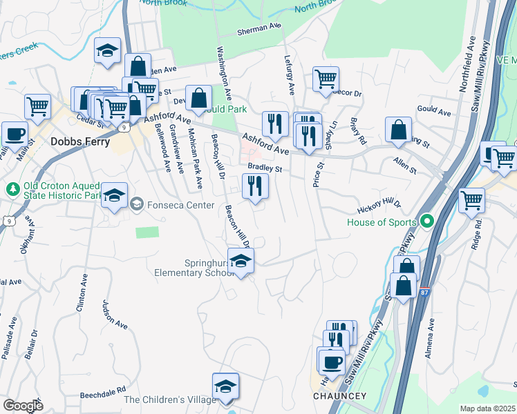 map of restaurants, bars, coffee shops, grocery stores, and more near 7 Lisa Court in Dobbs Ferry