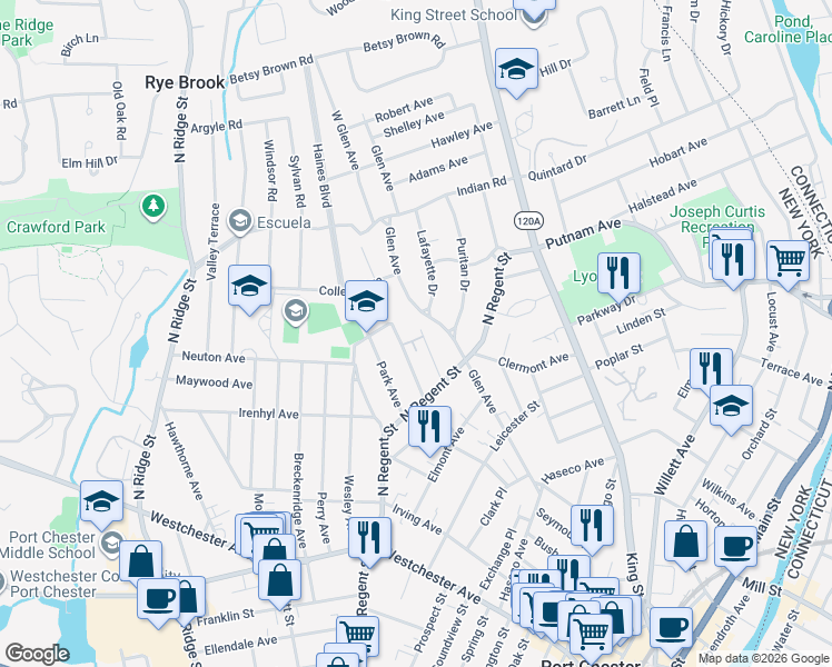 map of restaurants, bars, coffee shops, grocery stores, and more near 46 University Place in Port Chester