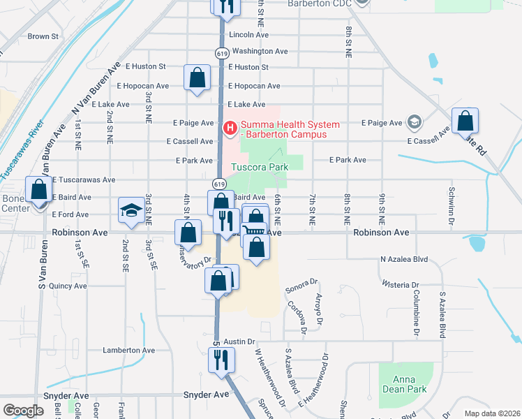 map of restaurants, bars, coffee shops, grocery stores, and more near 489 East Ford Avenue in Barberton