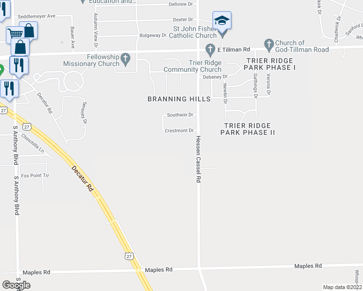 map of restaurants, bars, coffee shops, grocery stores, and more near 3020 Crestmont Drive in Fort Wayne