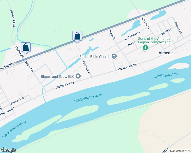 map of restaurants, bars, coffee shops, grocery stores, and more near 20-26 Central Ave in Bloomsburg