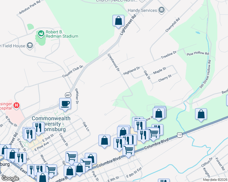 map of restaurants, bars, coffee shops, grocery stores, and more near in Bloomsburg